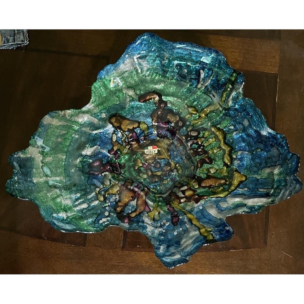 VTG Large Italian Art Glass Oyster Bowl 14x17 Ruffled Centerpiece Original Sti